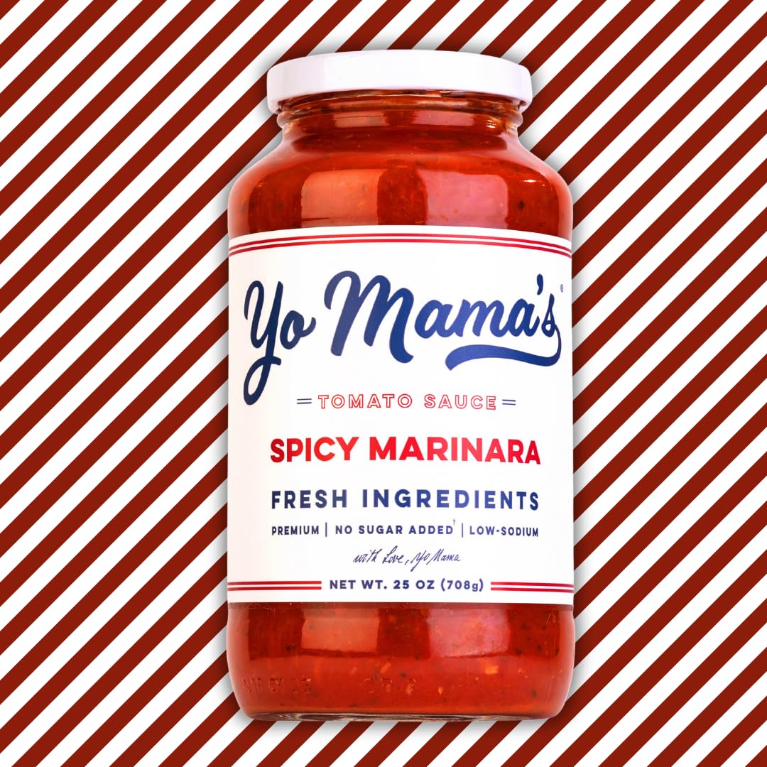 Yo Mama’s Foods Keto Spicy Marinara label closeup shows non-GMO and gluten-free credentials.