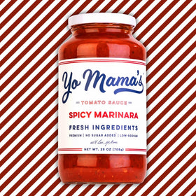 Yo Mama’s Foods Keto Spicy Marinara label closeup shows non-GMO and gluten-free credentials.