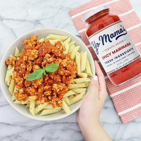 Yo Mama’s Foods Keto Spicy Marinara over plated pasta dish for keto-friendly dinner.