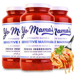Yo Mama’s Foods Sensitive Marinara jar on counter, quick weeknight pasta ready.