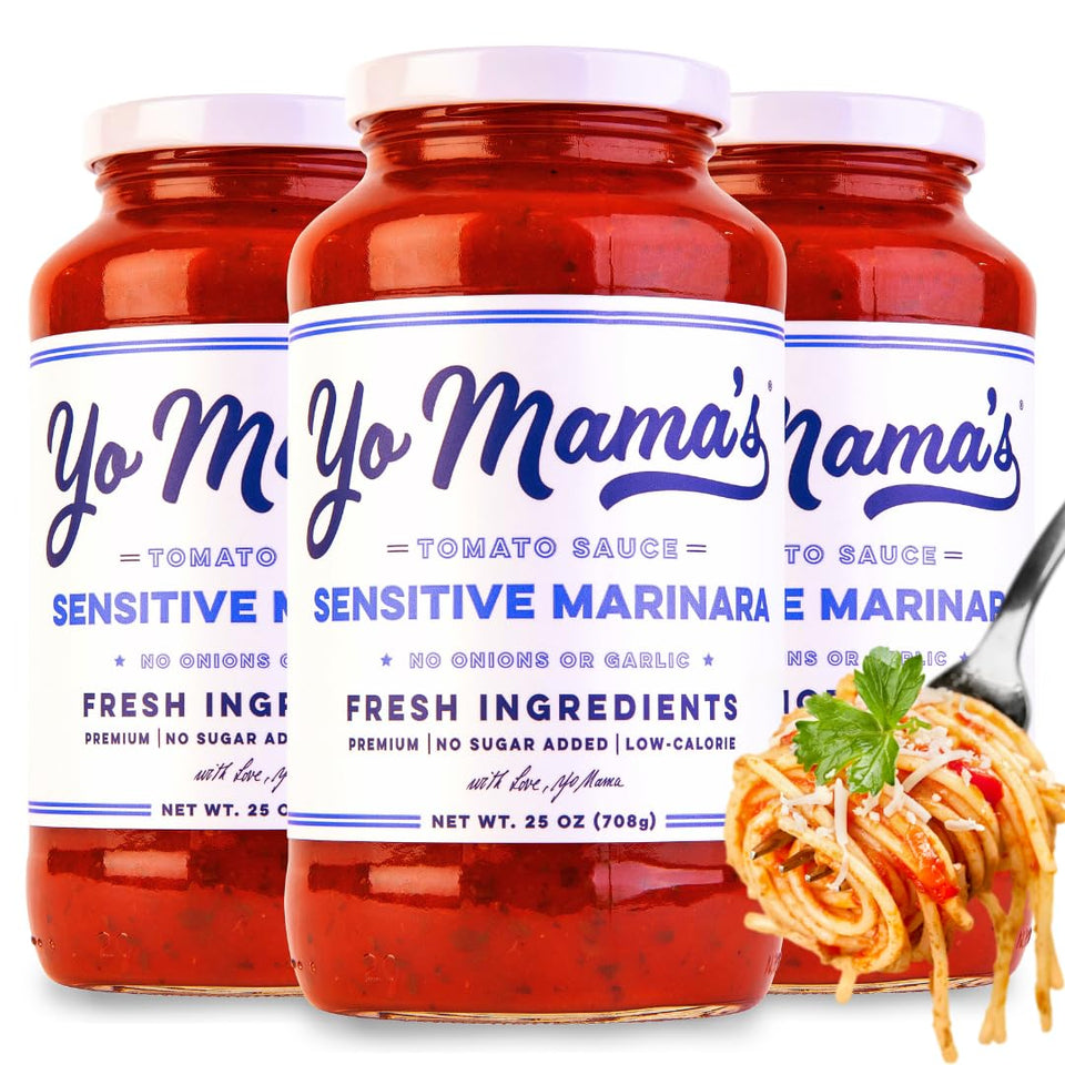 Yo Mama’s Foods Sensitive Marinara jar on counter, quick weeknight pasta ready.