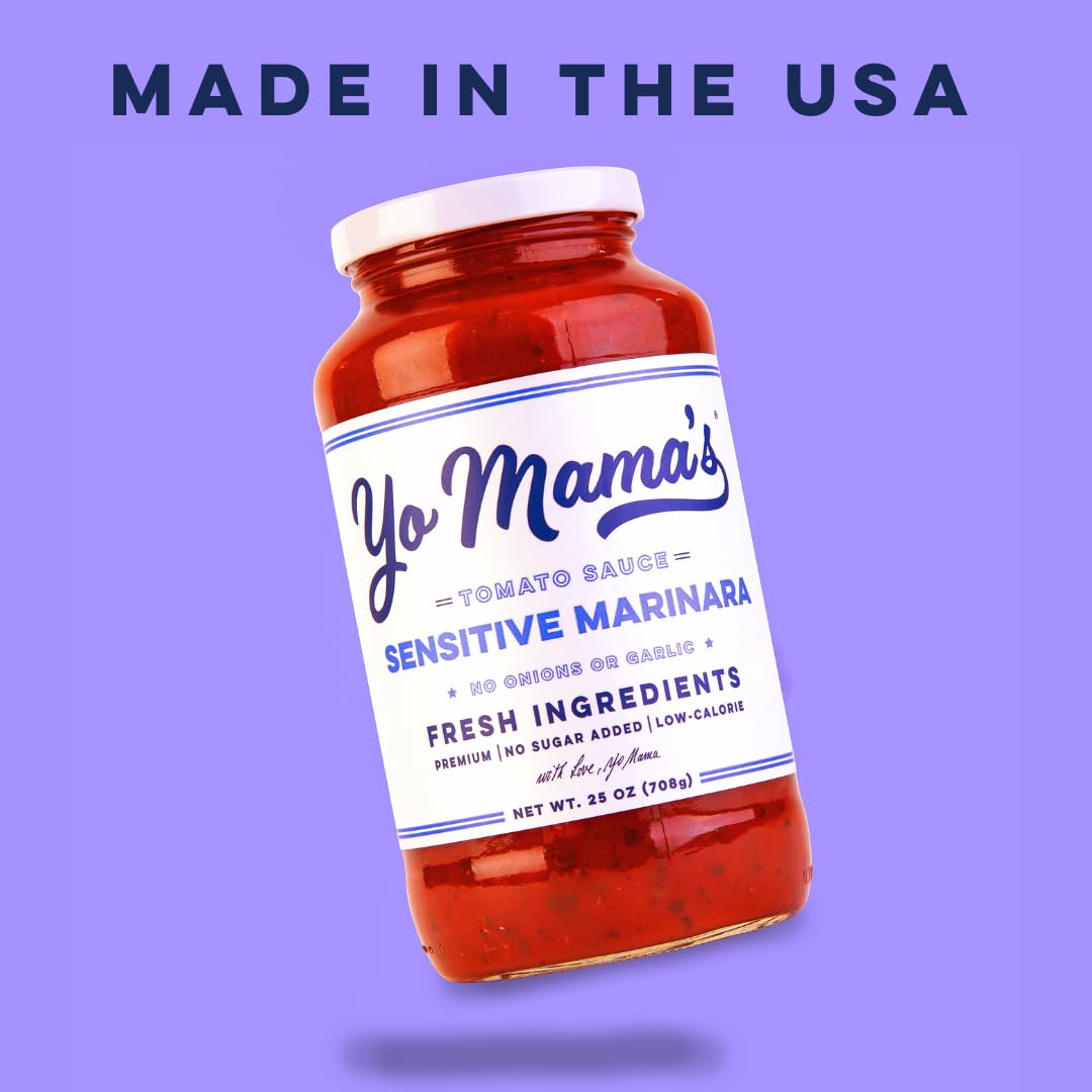 Three Yo Mama’s Sensitive Marinara jars on a pantry shelf for versatile weeknight meals.