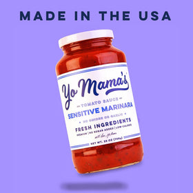 Three Yo Mama’s Sensitive Marinara jars on a pantry shelf for versatile weeknight meals.