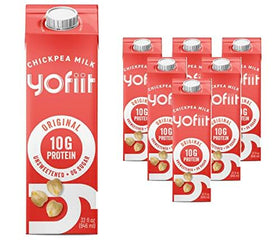 YoFiit Original unsweetened pea-flax milk pour, highlighting high protein plant-based option.