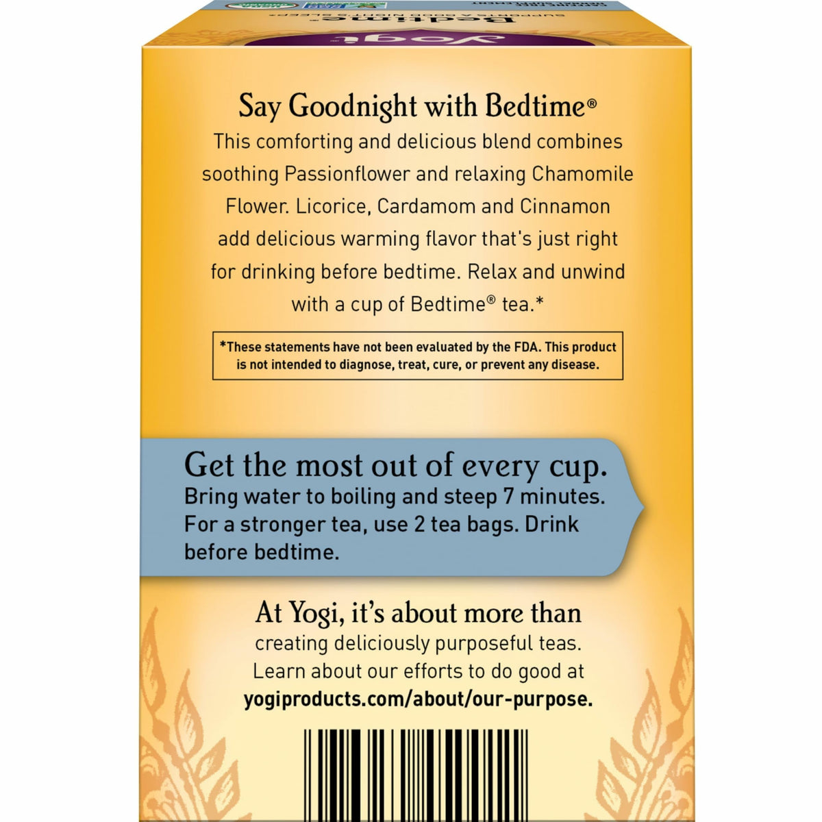 Yogi Bedtime chamomile-passionflower close-up highlights calming floral notes.