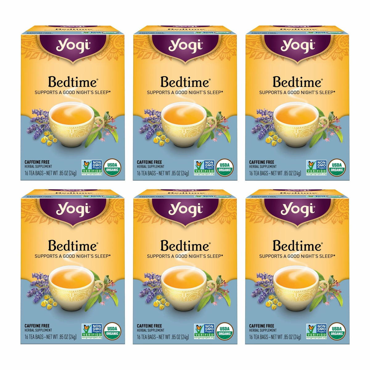 Yogi Bedtime tea bags in a 96-count box hint at a comforting evening ritual.