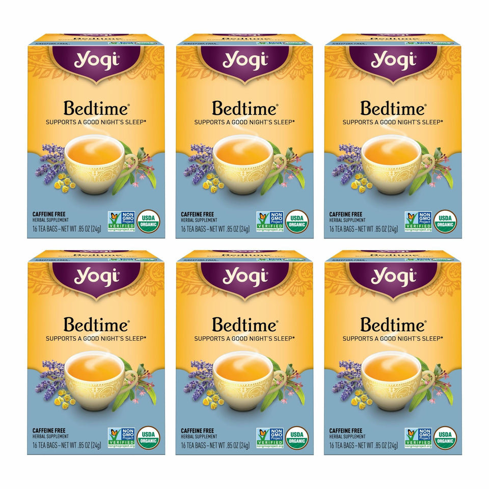 Yogi Bedtime tea bags in a 96-count box hint at a comforting evening ritual.