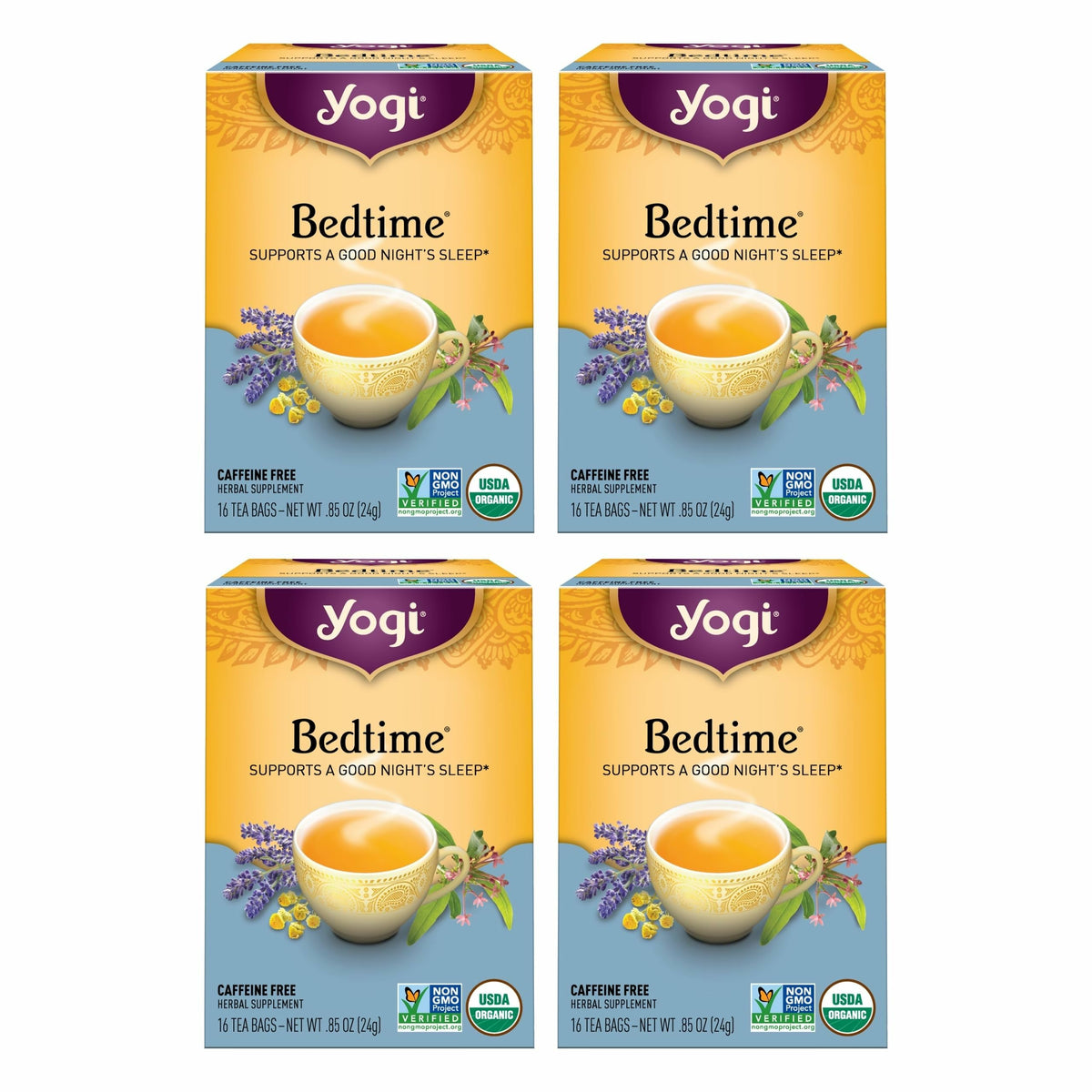 Yogi Bedtime Tea cup steams, inviting relaxation for a calm evening.