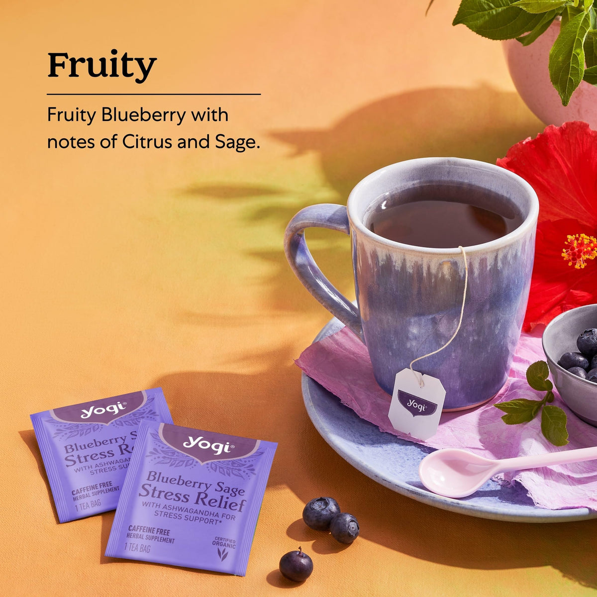 Four-pack box of Yogi Blueberry Sage Tea provides convenient daily use.