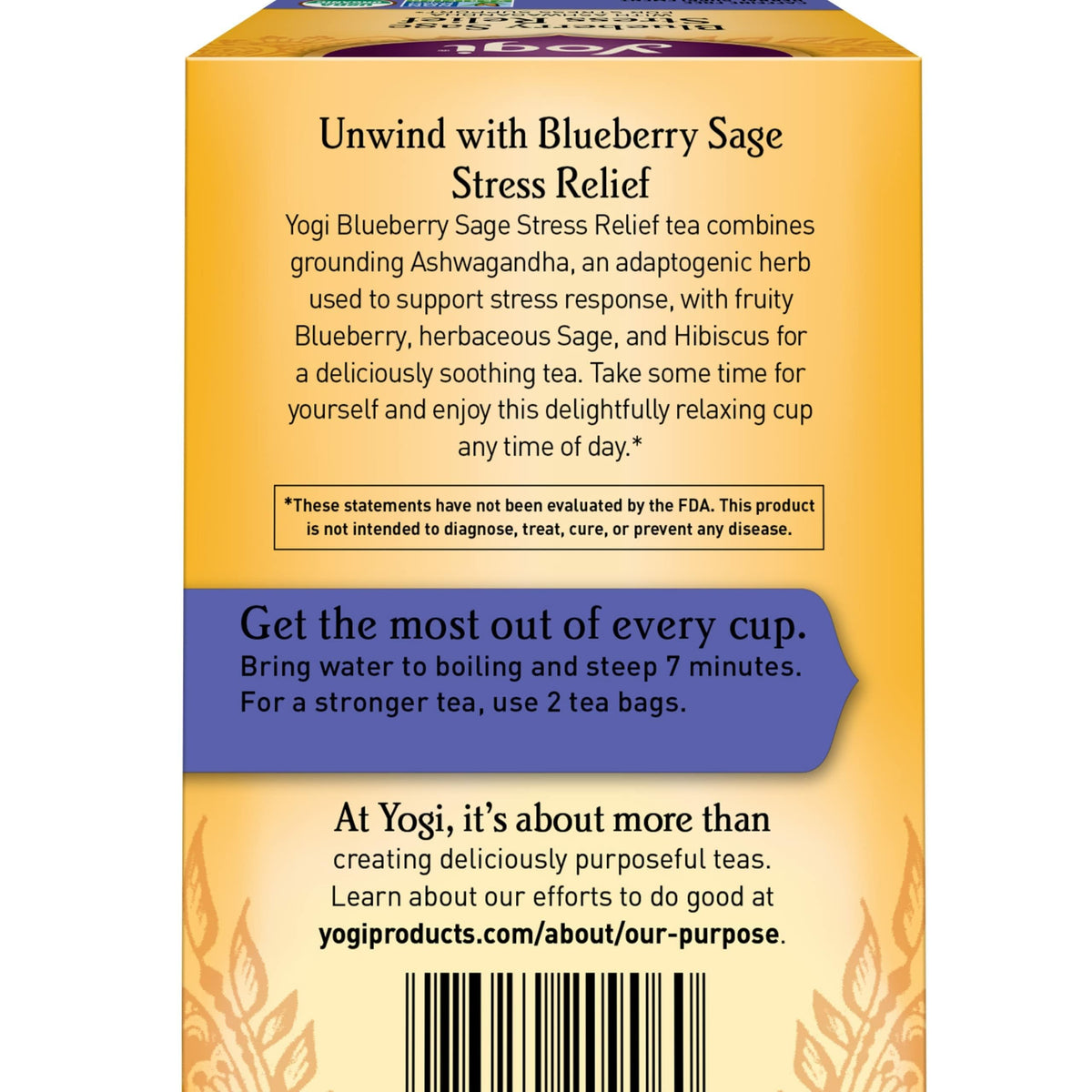 Front view of Yogi Blueberry Sage stress relief packaging.