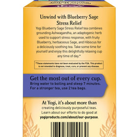Front view of Yogi Blueberry Sage stress relief packaging.