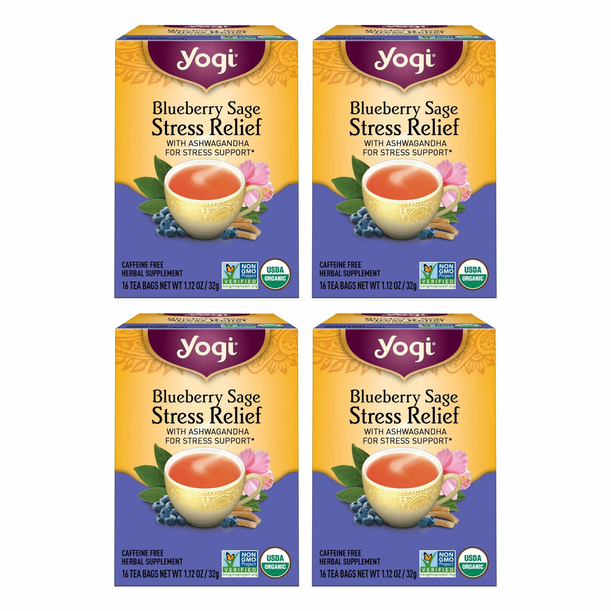 Yogi Blueberry Sage Stress Relief tea bag ready to steep for calm moments.