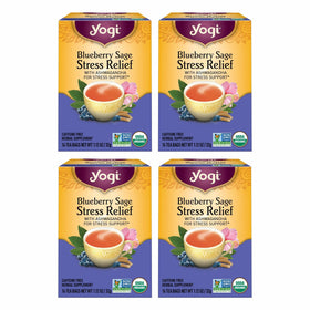 Yogi Blueberry Sage Stress Relief tea bag ready to steep for calm moments.