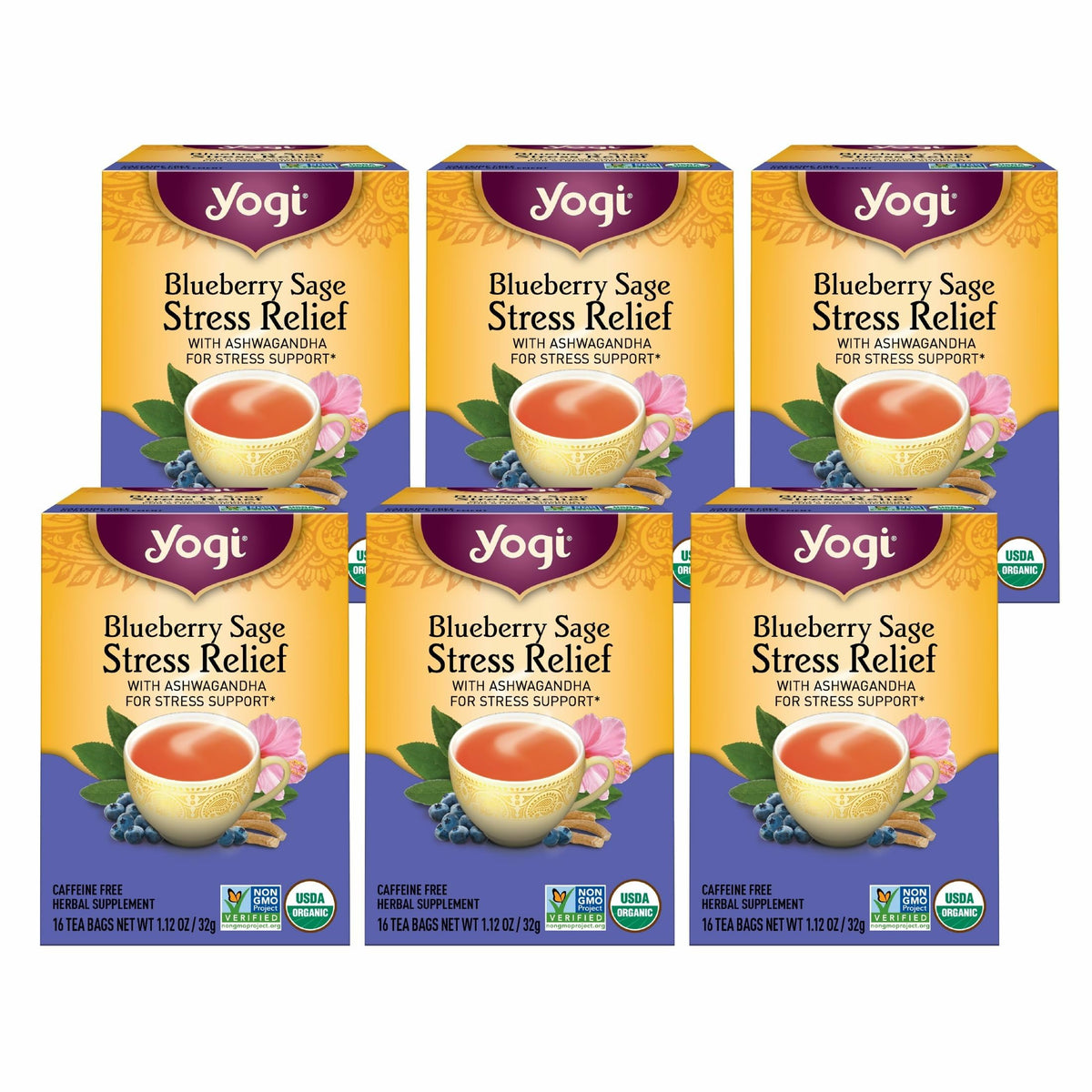 Yogi Blueberry Sage Stress Relief tea bag ready to steep for a calming moment.