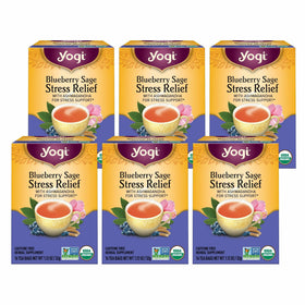 Yogi Blueberry Sage Stress Relief tea bag ready to steep for a calming moment.