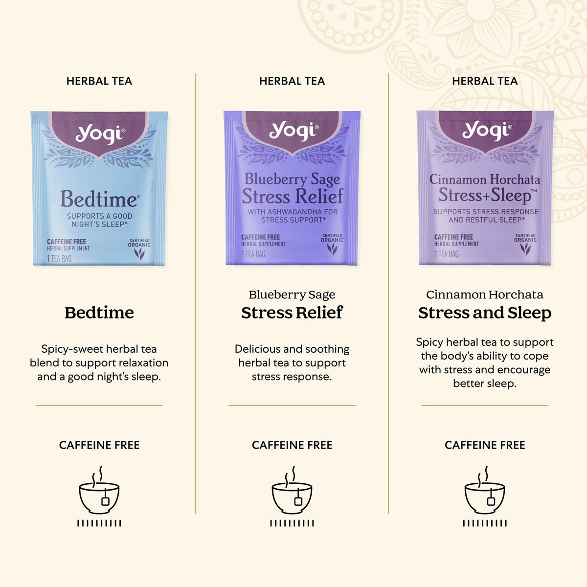 Yogi Blueberry Sage Stress Relief tea in cup