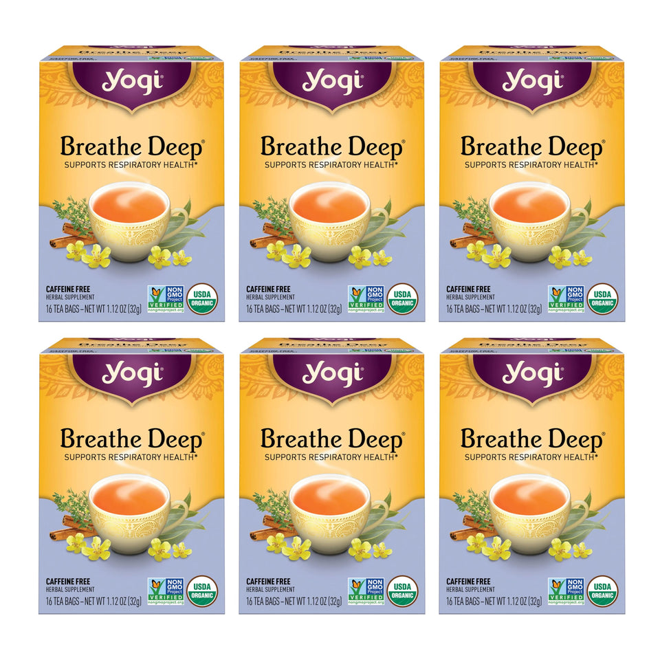 Yogi Breathe Deep tea box on shelf suggesting relaxing breath support
