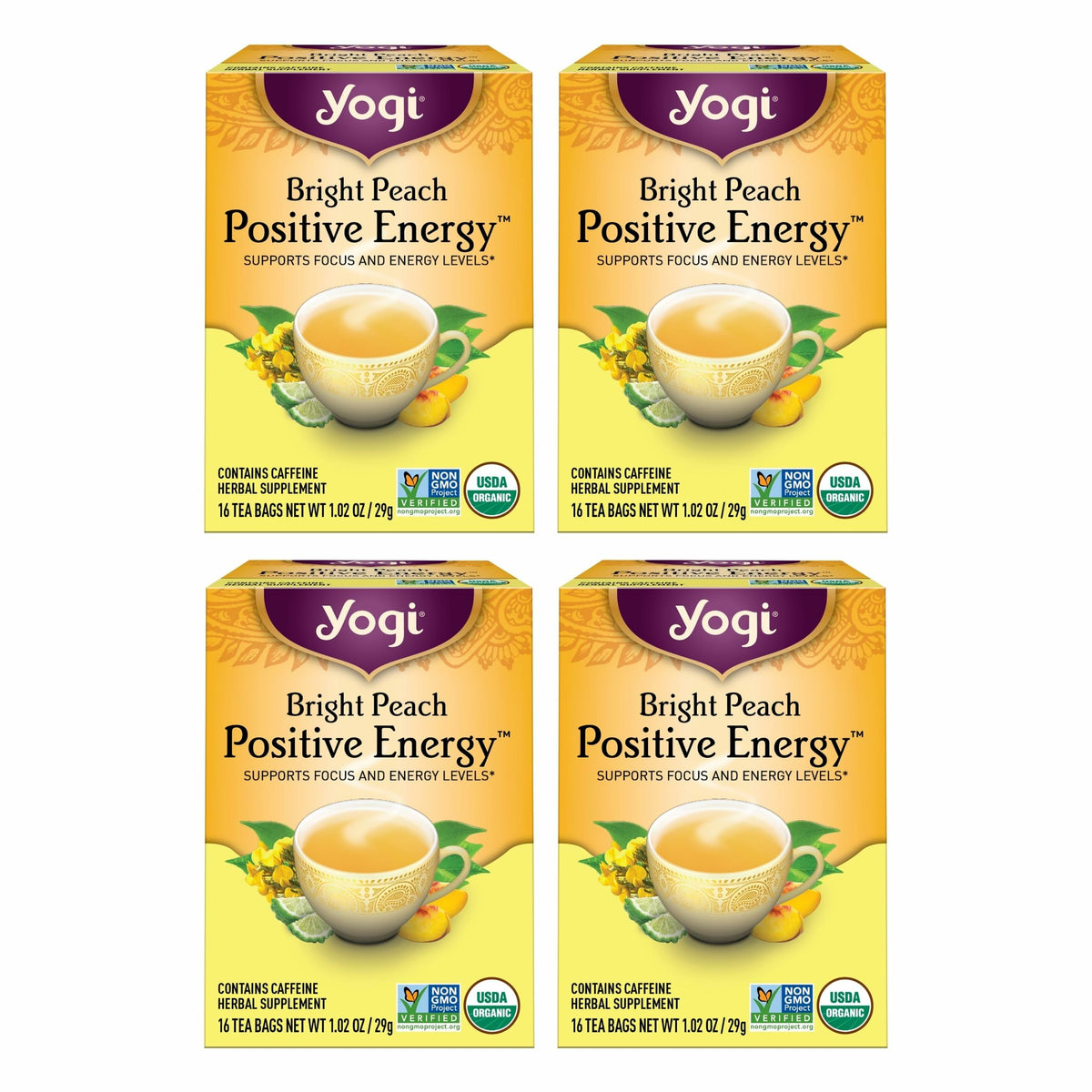 Yogi Bright Peach packaging box, a four-pack for on-the-go focus.