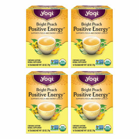 Yogi Bright Peach packaging box, a four-pack for on-the-go focus.