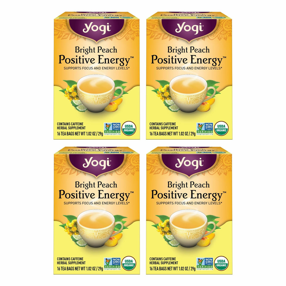 Yogi Bright Peach packaging box, a four-pack for on-the-go focus.