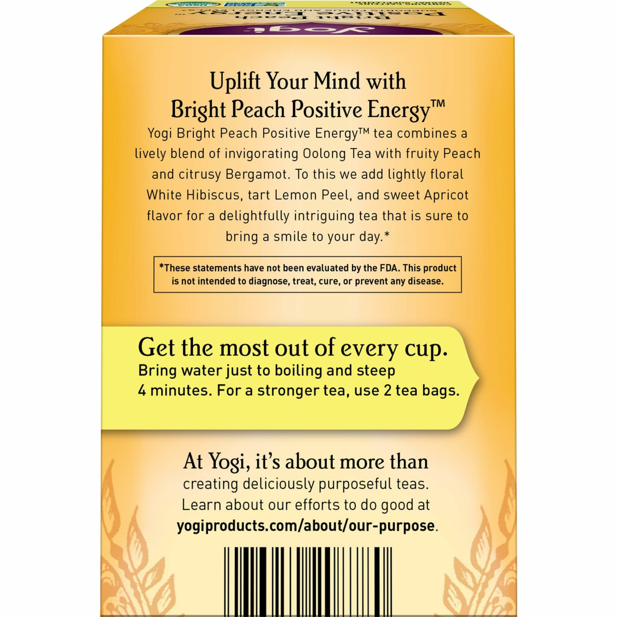 Closeup of Yogi Bright Peach tea bags with vibrant aroma.