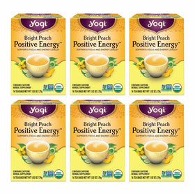 Yogi Bright Peach Tea packaging and six-pack display for convenient daily ritual.