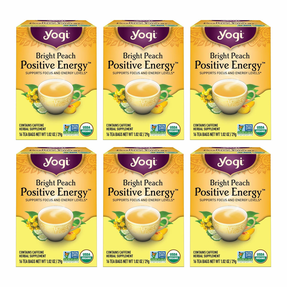 Yogi Bright Peach Tea packaging and six-pack display for convenient daily ritual.