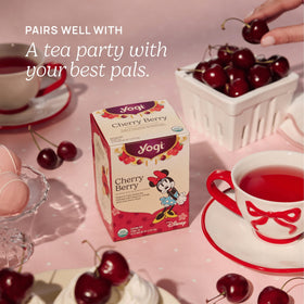 Yogi Cherry Berry tea bags closeup with hibiscus, orange peel, and cherry flavors