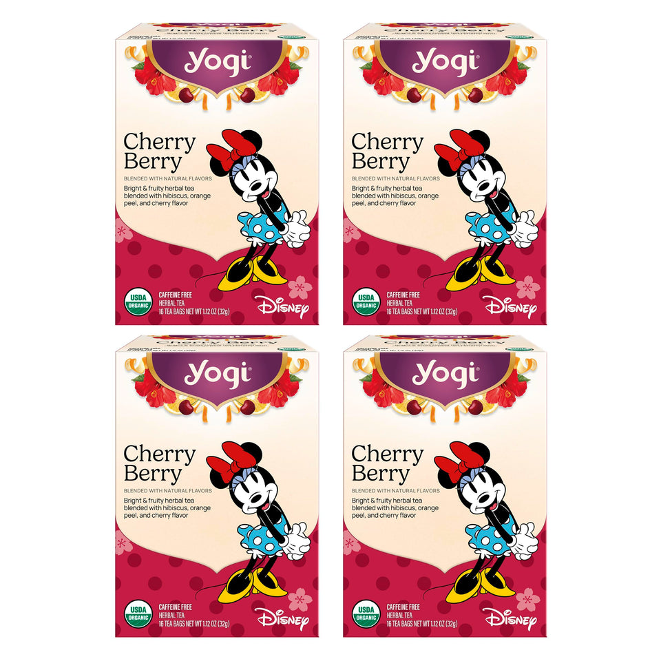 Yogi Cherry Berry tea pack front showing bright, caffeine-free herbal blend for cozy moments