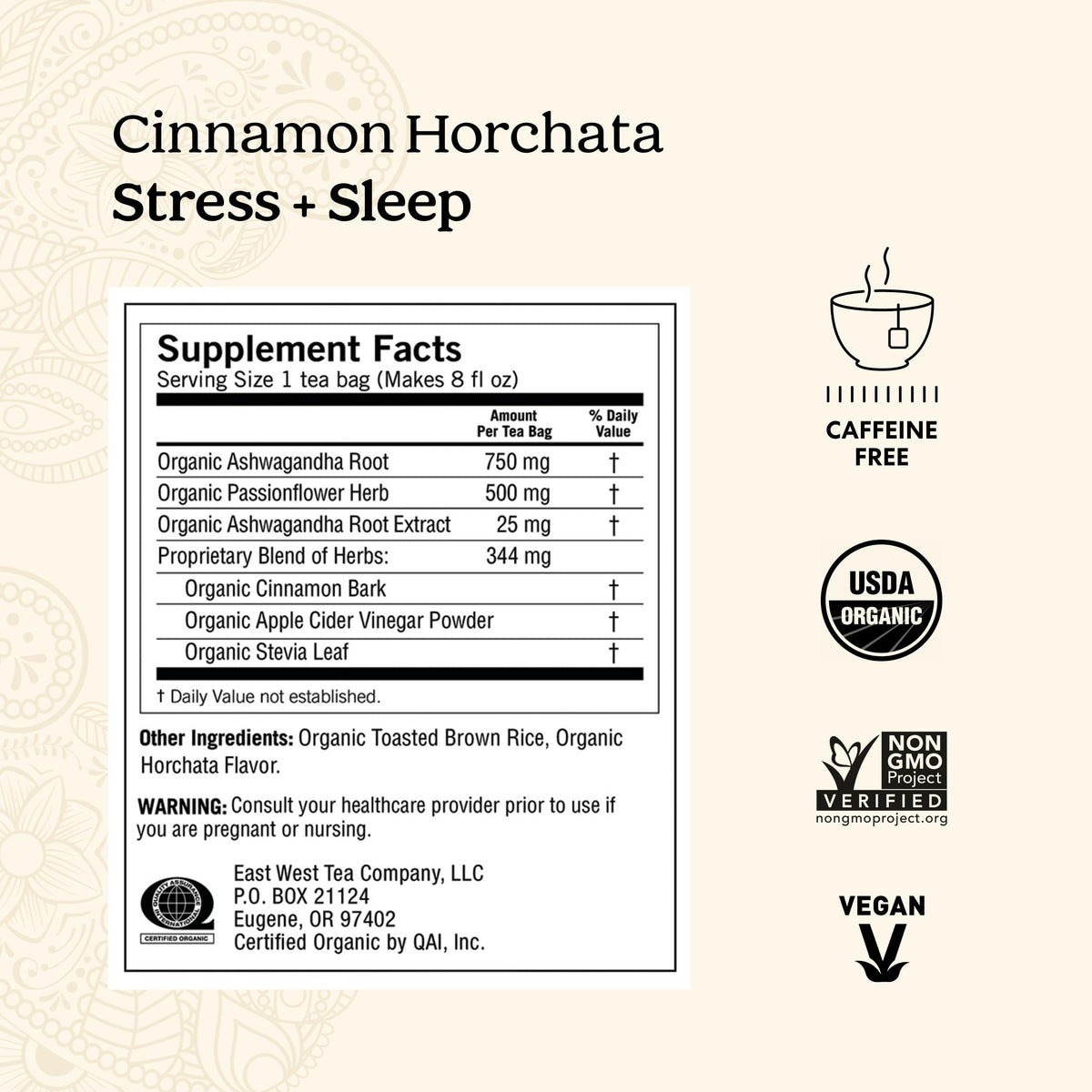 Yogi Cinnamon Horchata tea bag close-up signaling a comforting nightly cup