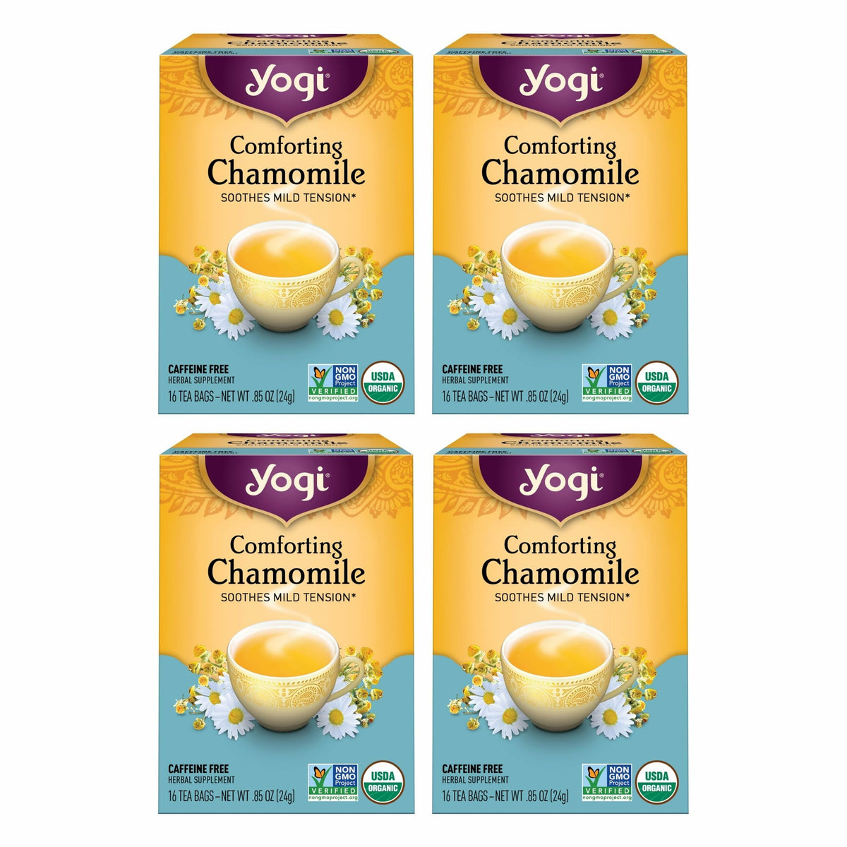 Yogi Comforting Chamomile Tea bags ready to steep for a caffeine-free, relaxing cup.
