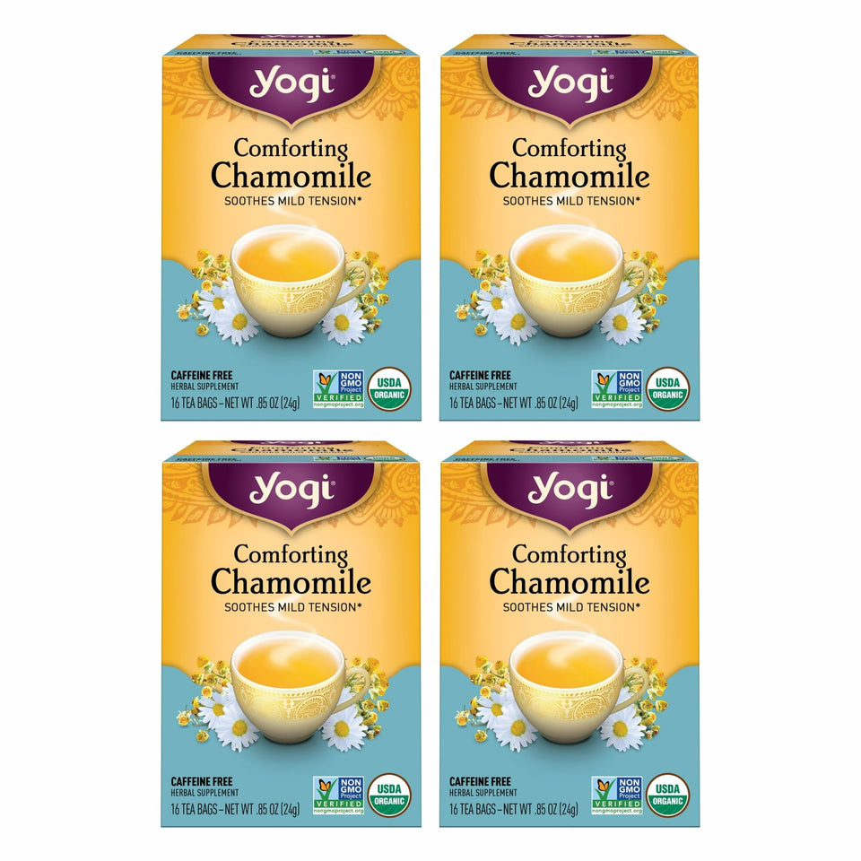 Yogi Comforting Chamomile Tea bags ready to steep for a caffeine-free, relaxing cup.