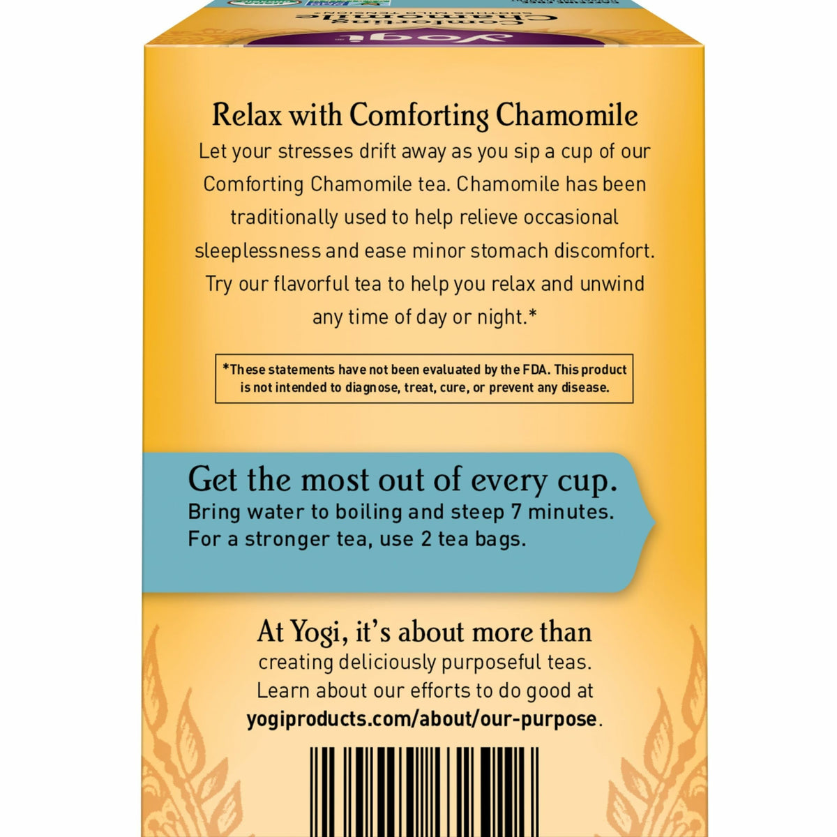 Steaming cup of Yogi Comforting Chamomile Tea inviting relaxation.