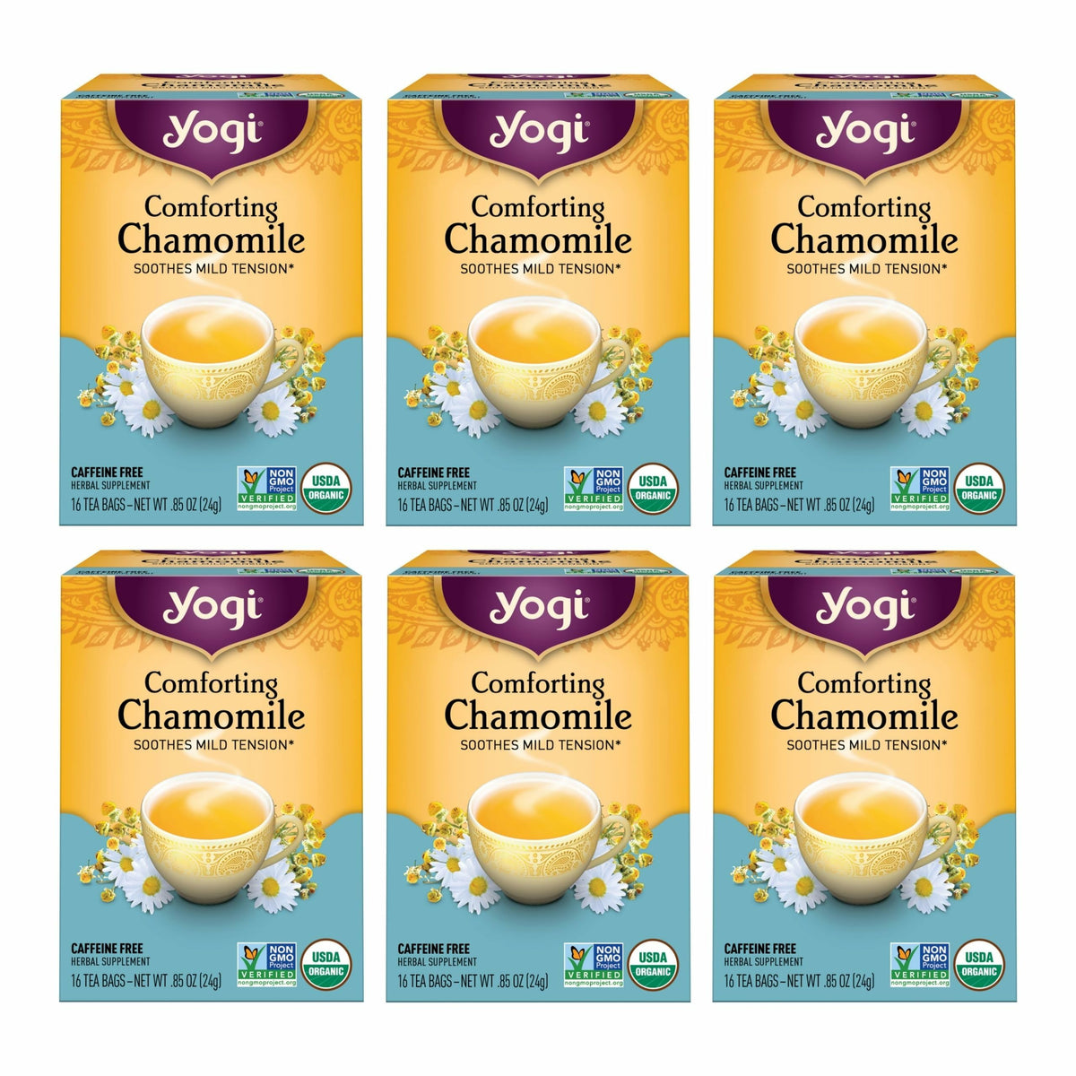 Yogi Comforting Chamomile Tea bags for a calming, caffeine-free evening ritual.