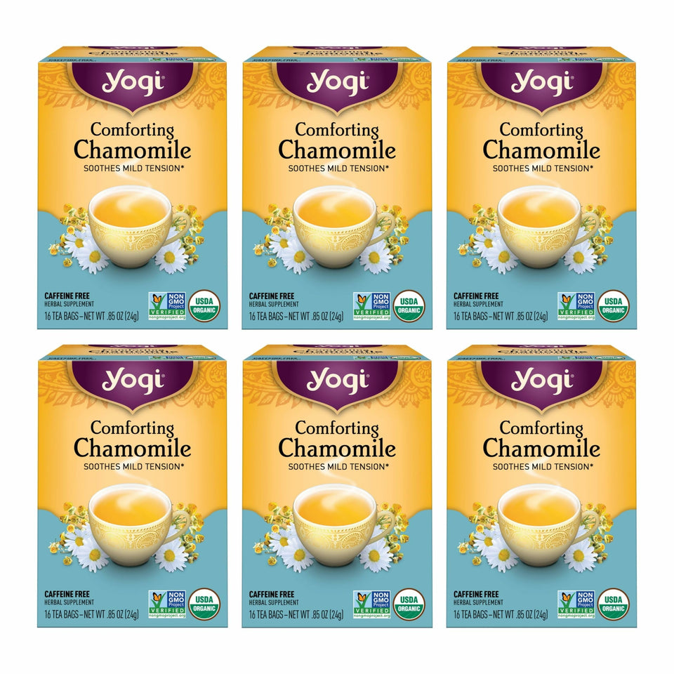 Yogi Comforting Chamomile Tea bags for a calming, caffeine-free evening ritual.