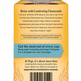 Yogi Comforting Chamomile Tea box showcases organic ingredients for a soothing cup.