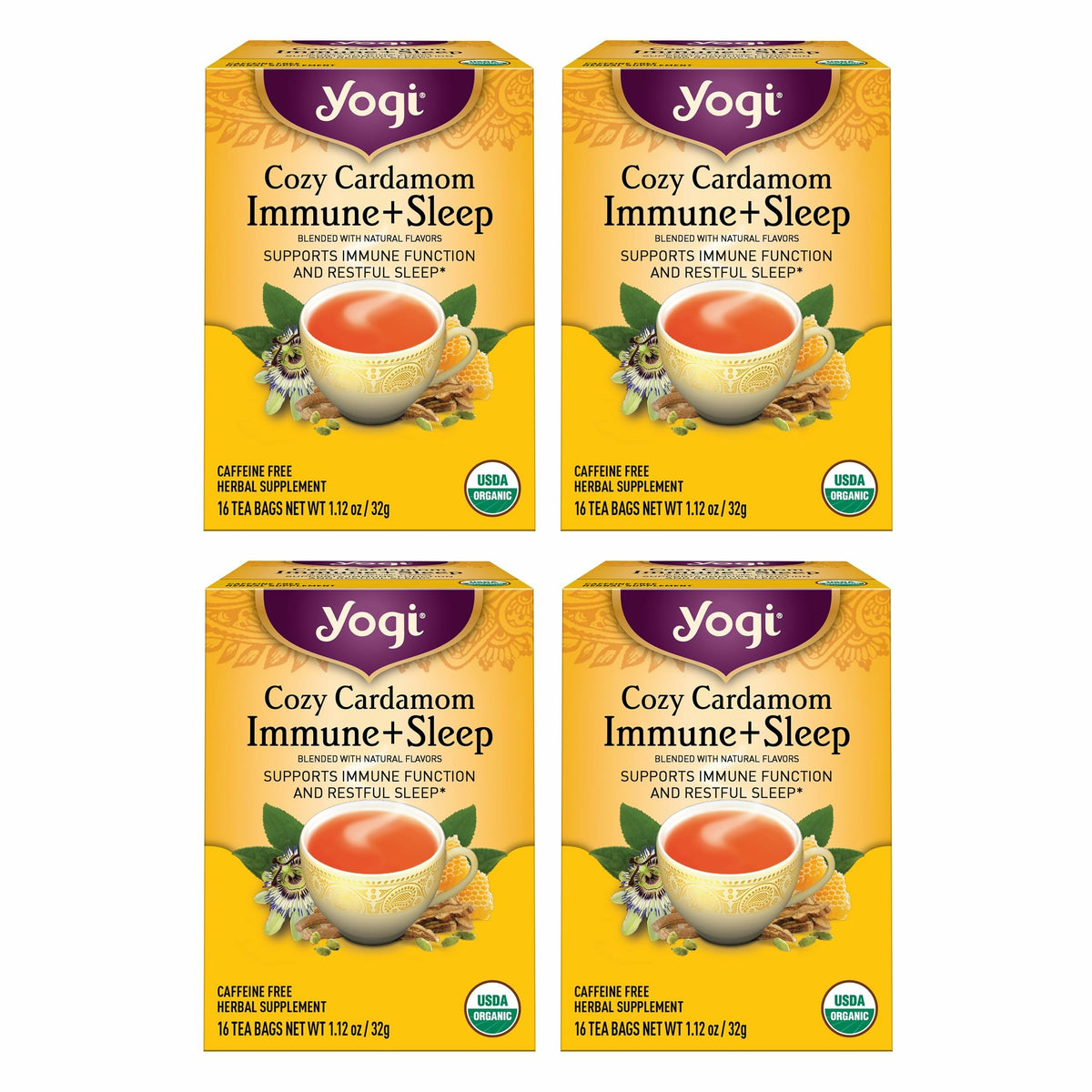 Yogi Cozy Cardamom Immune & Sleep tea bags in a box for a soothing evening ritual.