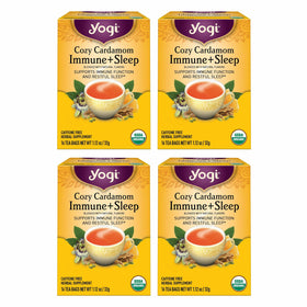 Yogi Cozy Cardamom Immune & Sleep tea bags in a box for a soothing evening ritual.