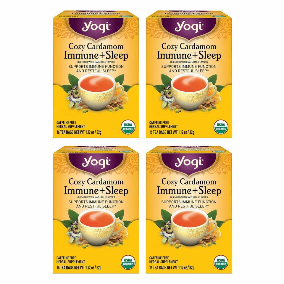 Yogi Cozy Cardamom Immune & Sleep tea bags in a box for a soothing evening ritual.