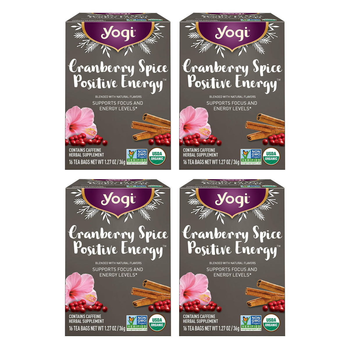 Yogi Cranberry Spice Positive Energy tea bags ready to brew for a focused moment.