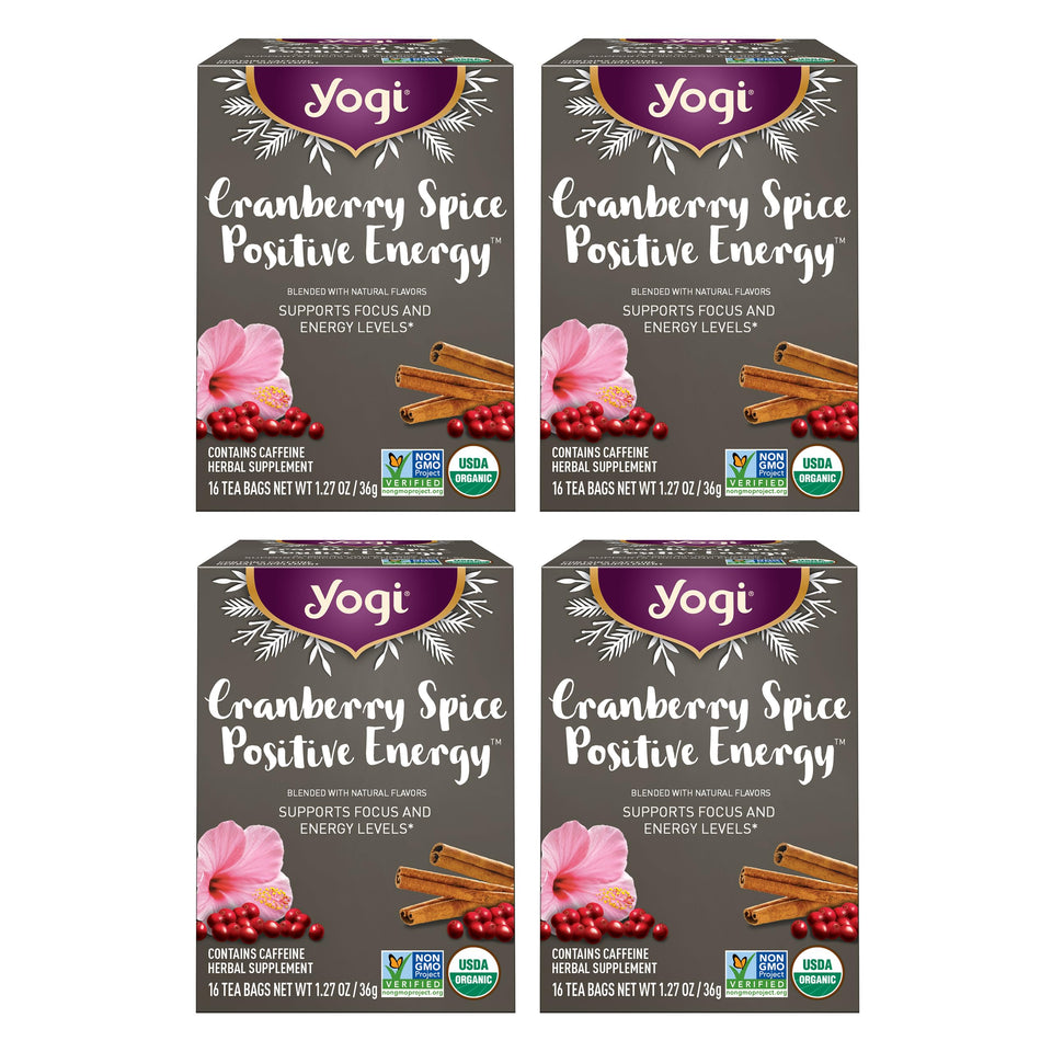 Yogi Cranberry Spice Positive Energy tea bags ready to brew for a focused moment.