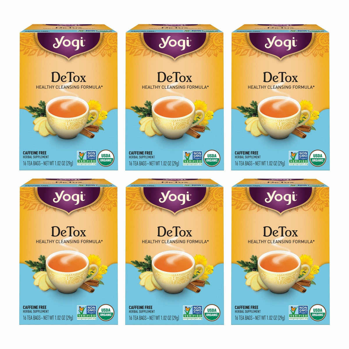 Yogi DeTox tea box six-pack highlights organic detox blend.