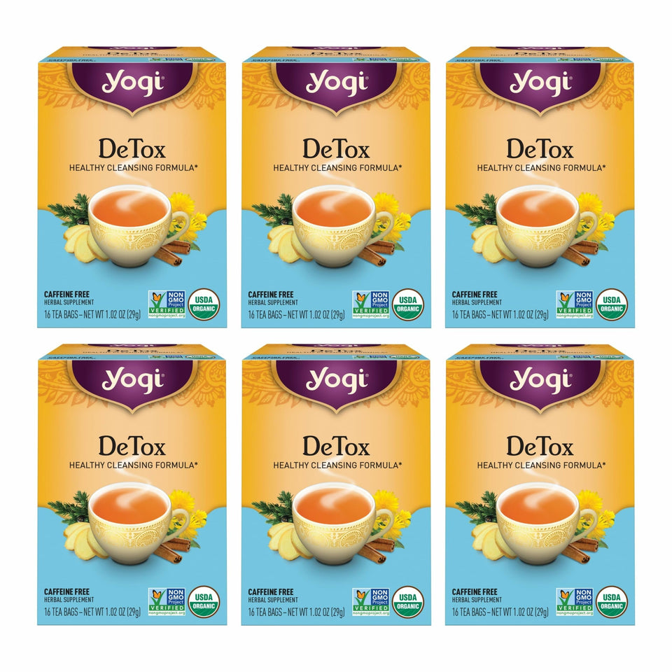 Yogi DeTox tea box six-pack highlights organic detox blend.