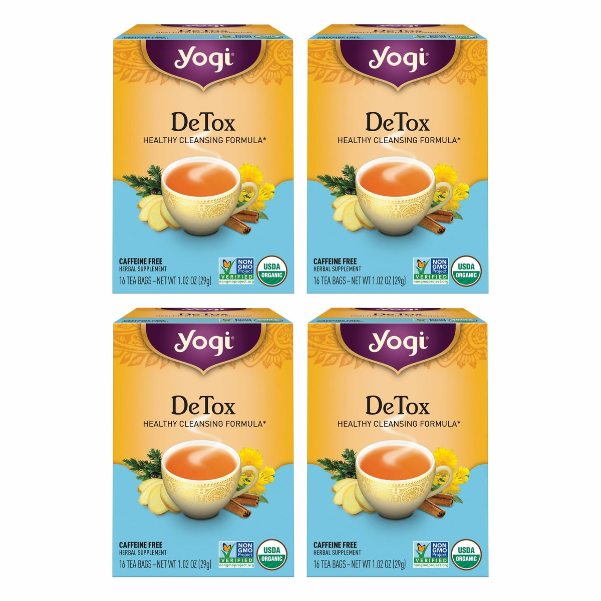 Yogi DeTox tea packaging mockup highlighting digestion-support blend.