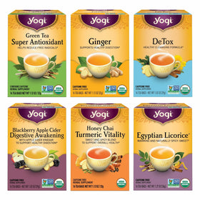 Yogi Digestion & DeTox sampler pack front label shows six blends for a varied tea ritual