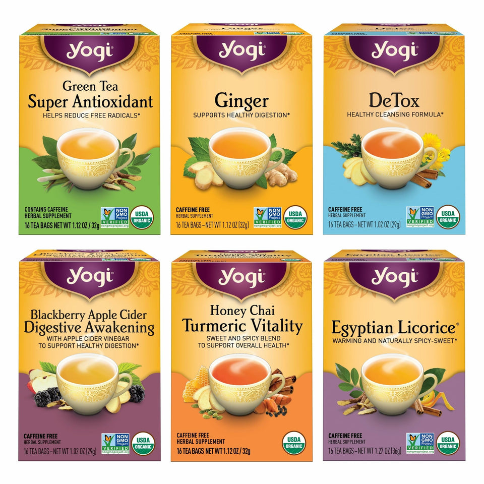 Yogi Digestion & DeTox sampler pack front label shows six blends for a varied tea ritual