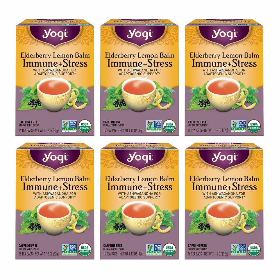 Yogi Elderberry Lemon Balm Tea bags ready for infusion, ideal for a soothing evening.