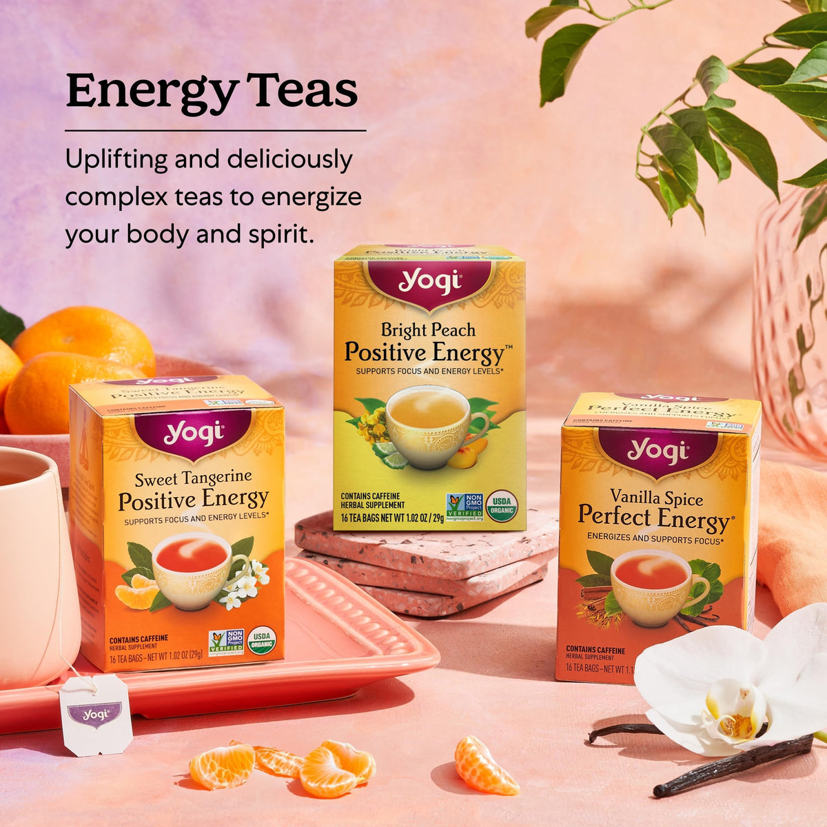 Signature spices and botanicals in Yogi Energy blends for rich aroma and flavor