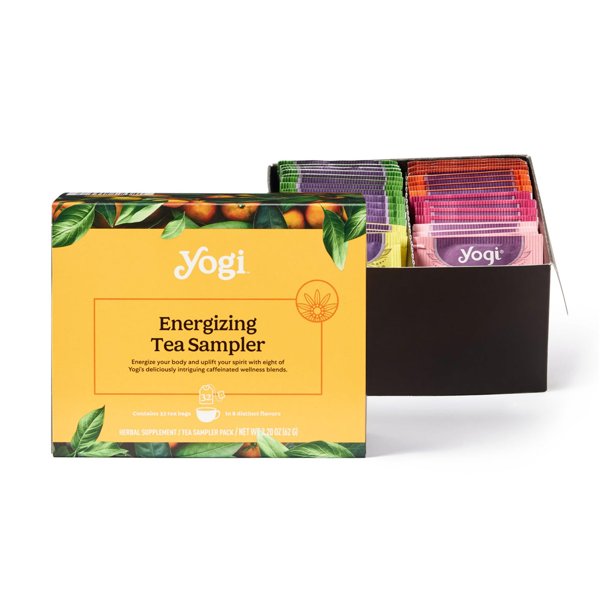 Yogi energy sampler box front view with eight caffeinated blends for morning pick me up