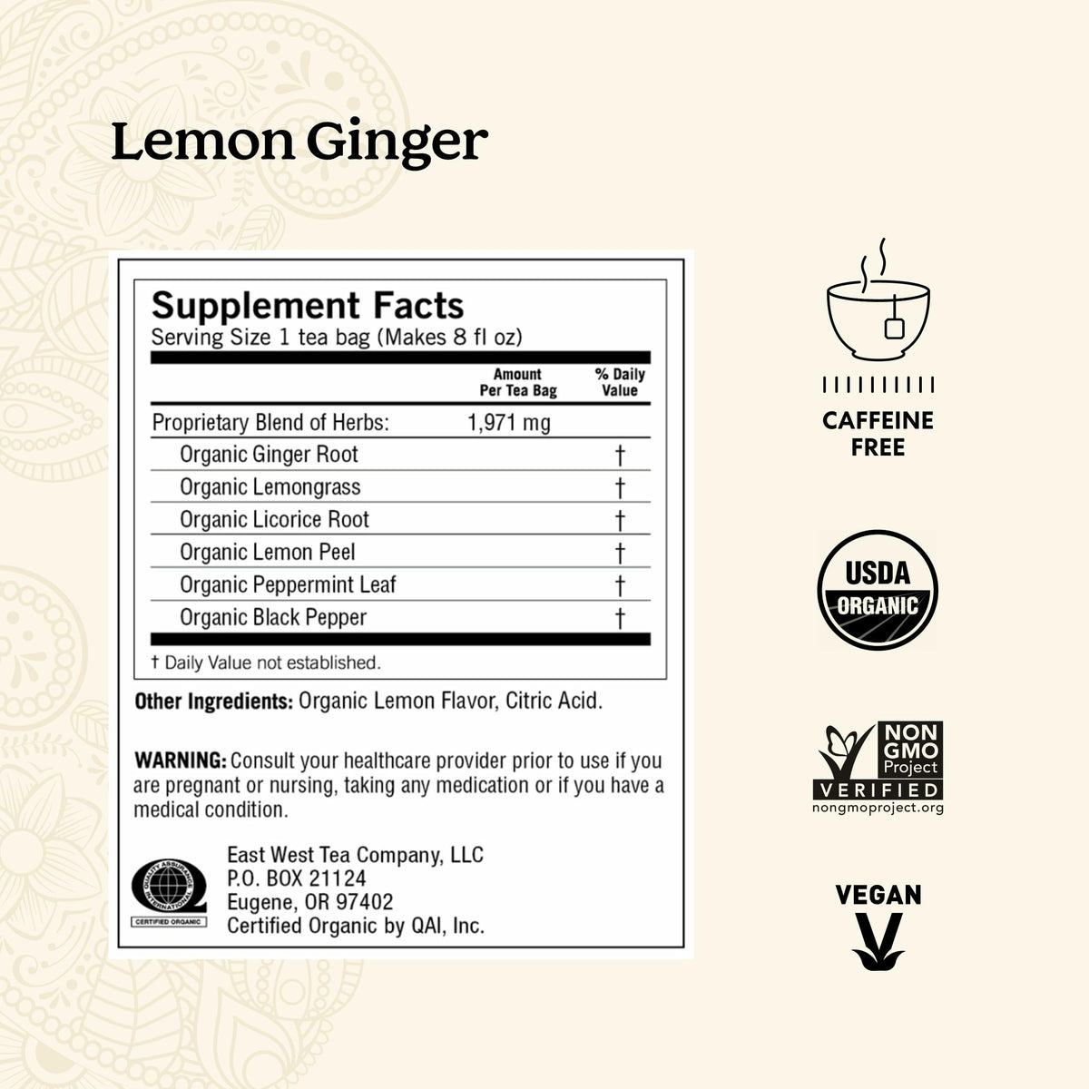 Yogi Ginger Lemongrass Tea ingredients layout highlighting organic botanicals.